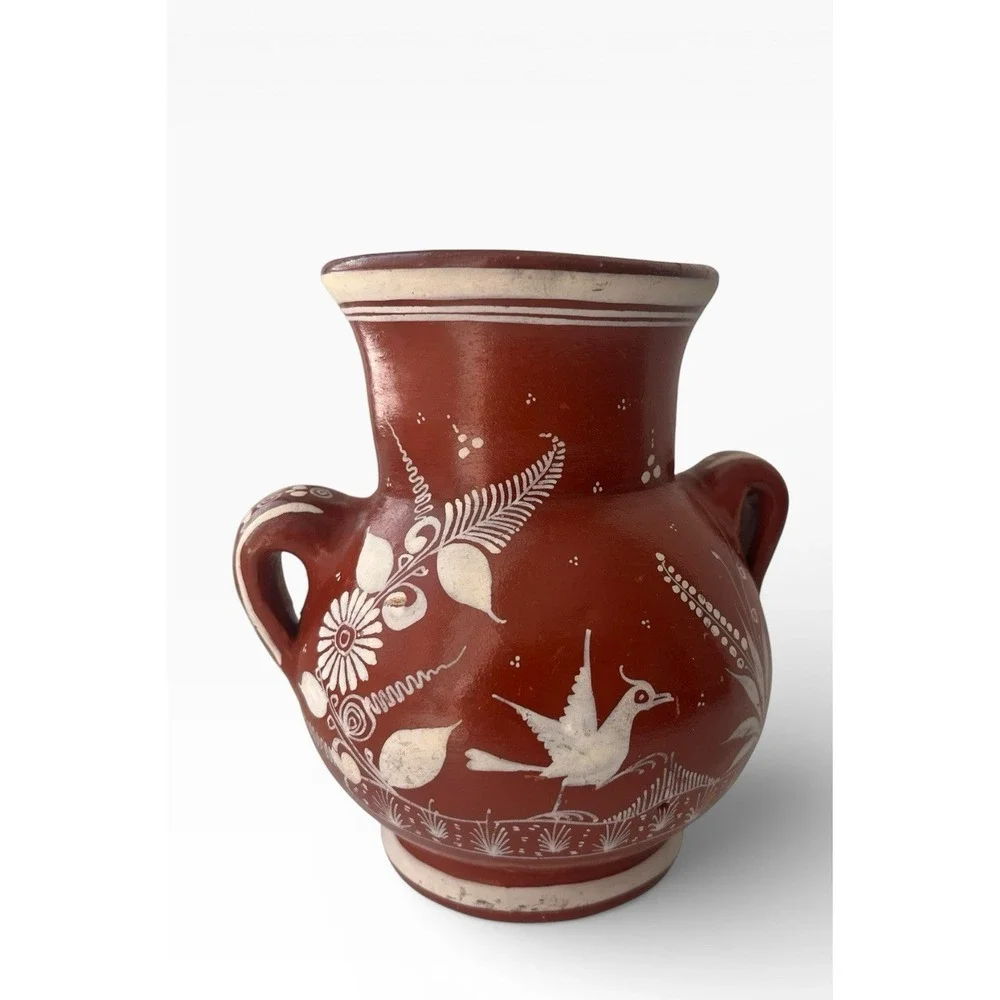 Vintage Handmade Mexican Pottery Vase Bird Flower Deer Signed J.‎ Pila Red Clay